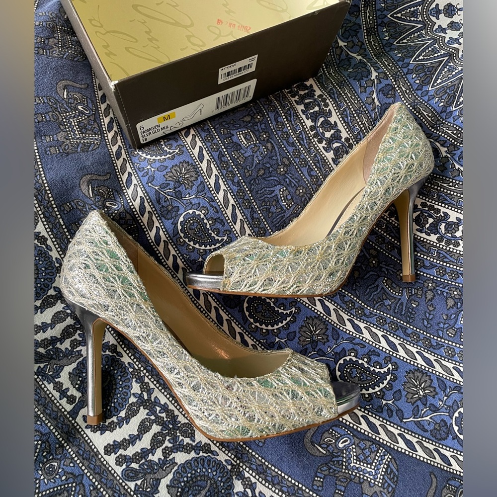 Enzo Angiolini Silver Peep-Toe Heels